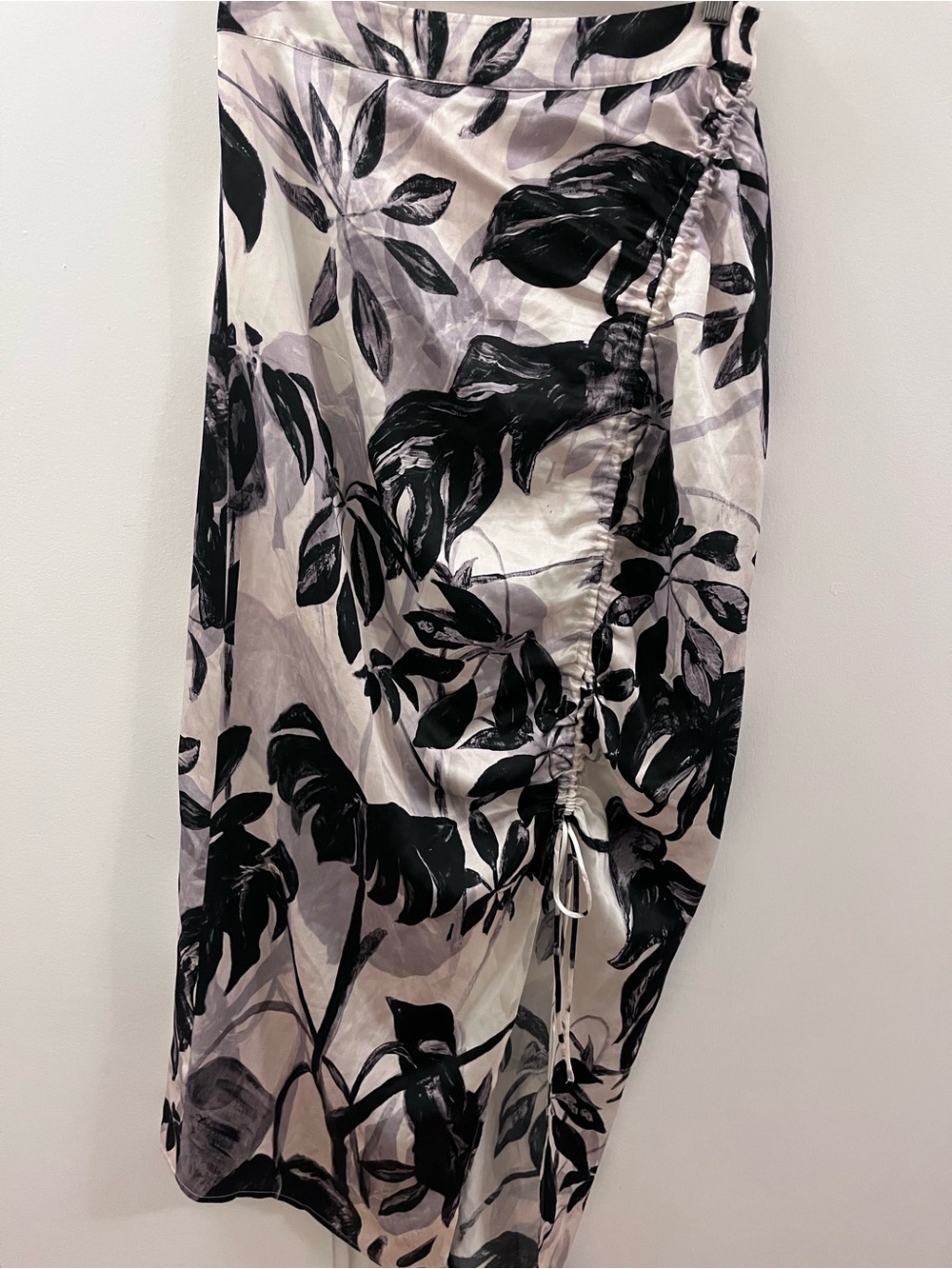 AllSaints Silk Blend Asymmetrical Midi Skirt with Black Floral Print - US Size 2